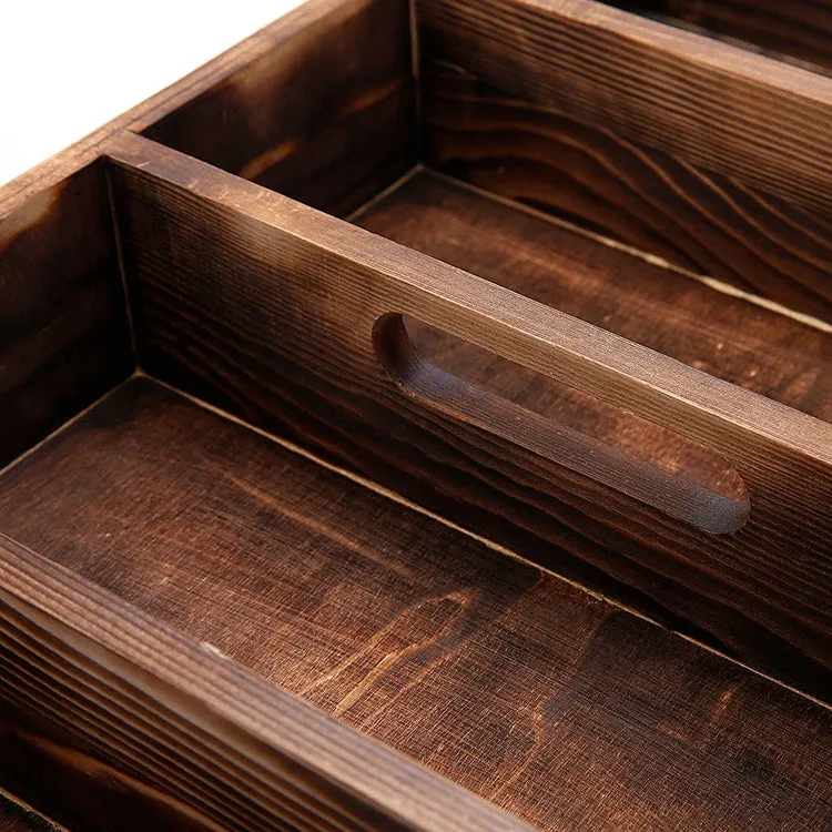 4 Slot Torched Wood Supply Organizer, Kitchen Utensil Cutlery Tray with Carrying Handle