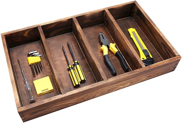 4 Slot Torched Wood Supply Organizer, Kitchen Utensil Cutlery Tray with Carrying Handle