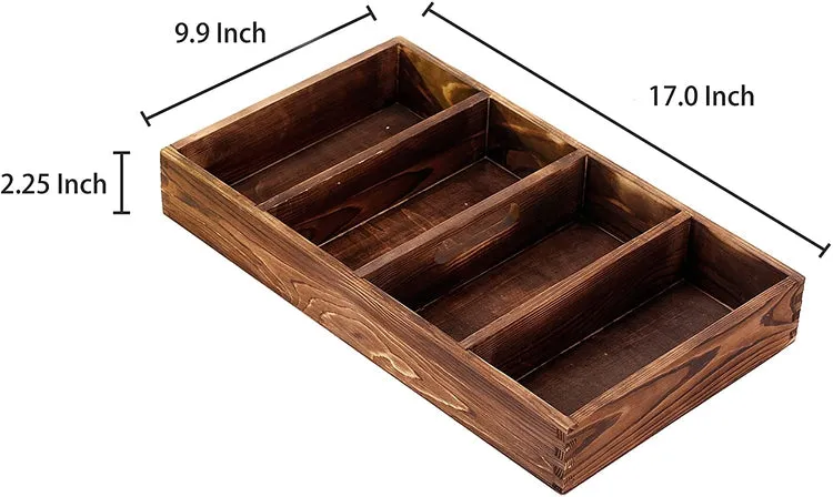 4 Slot Torched Wood Supply Organizer, Kitchen Utensil Cutlery Tray with Carrying Handle