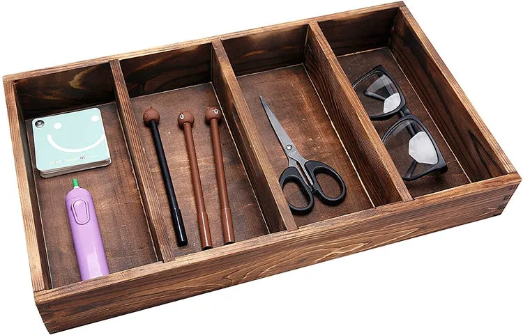 4 Slot Torched Wood Supply Organizer, Kitchen Utensil Cutlery Tray with Carrying Handle