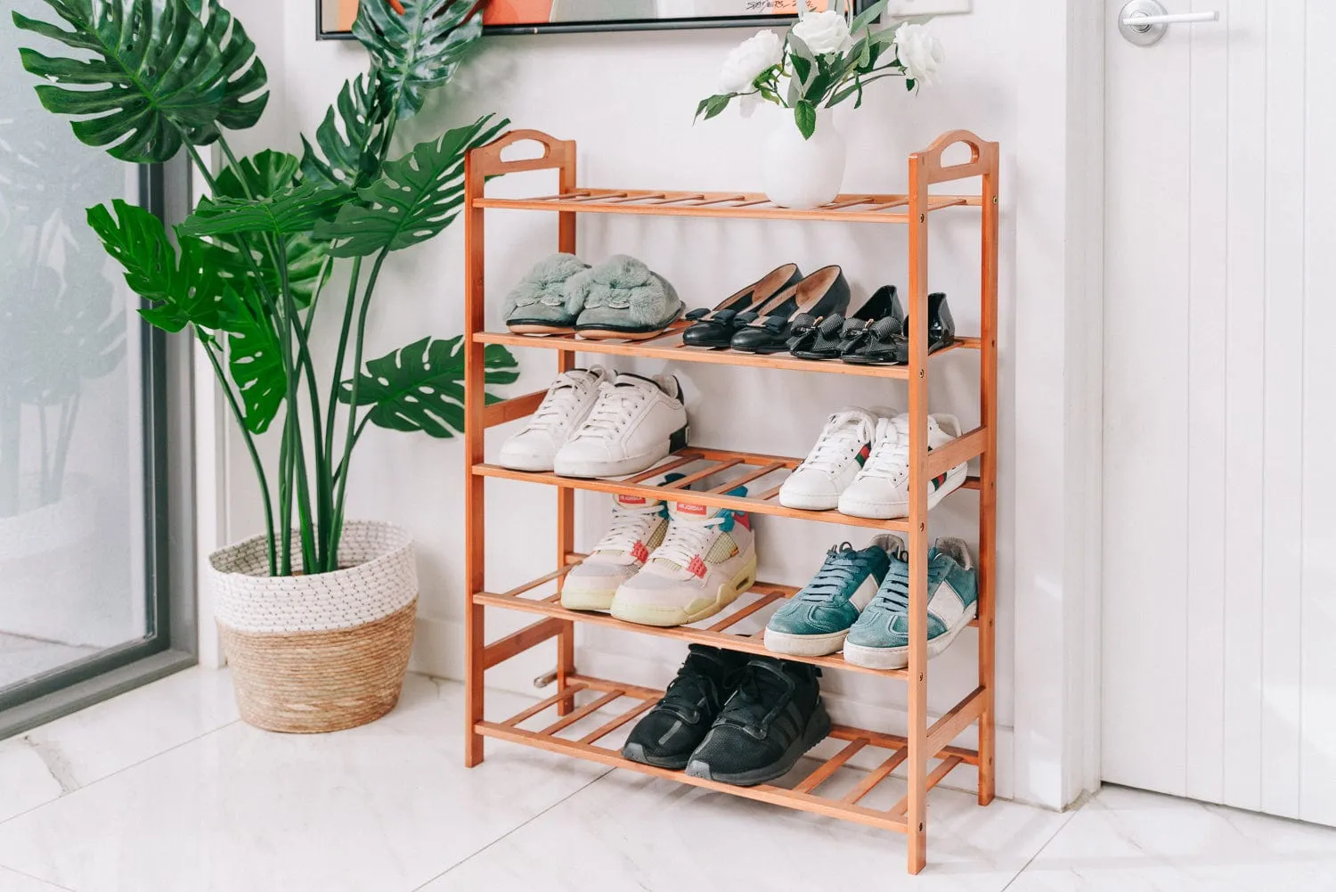 5-Tier Bamboo Shoe Rack | Freestanding Organizer | Natural Wooden Shoe Storage