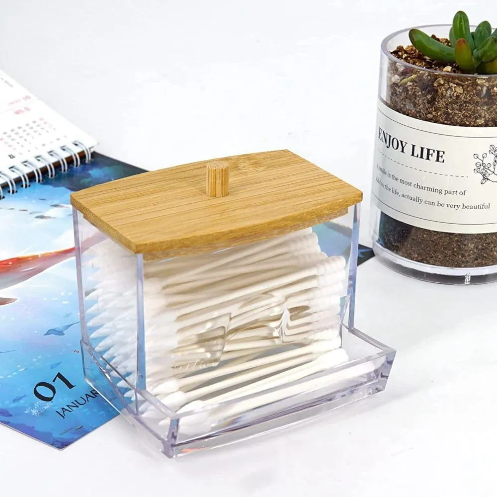 (88x72mm) Cotton Swab Dispenser Beauty Make Up Organizer Storage Box with Bamboo Lid - Transparent