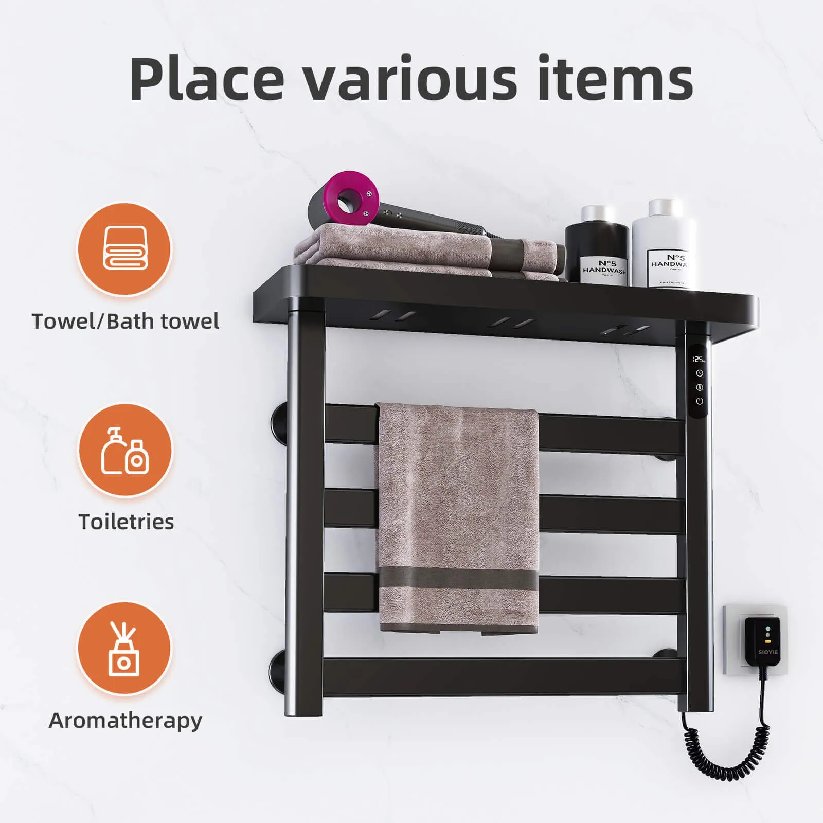 Black Plug-In Heated Towel Rack