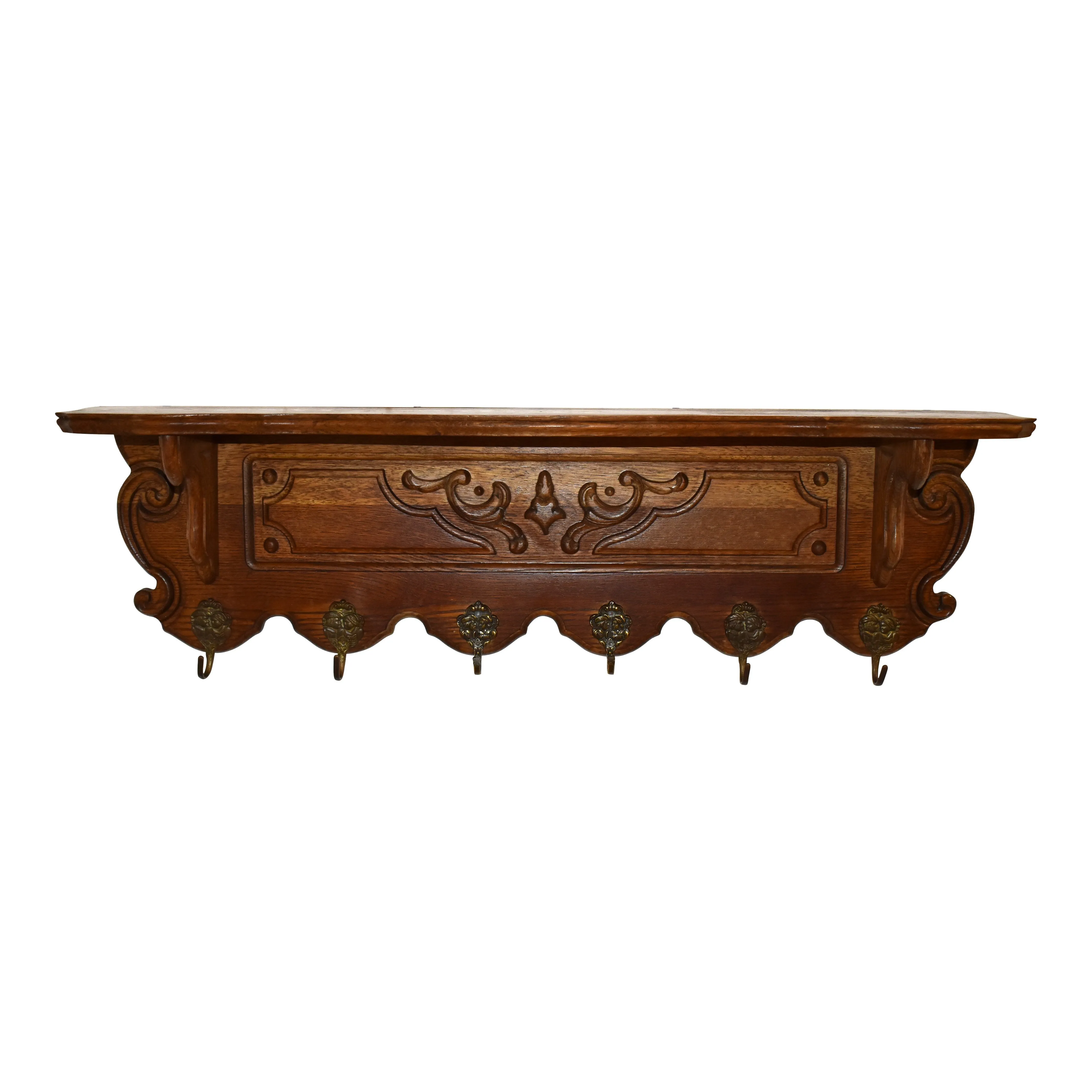 Carved Oak Wall Mounted Coat Rack with Shelf