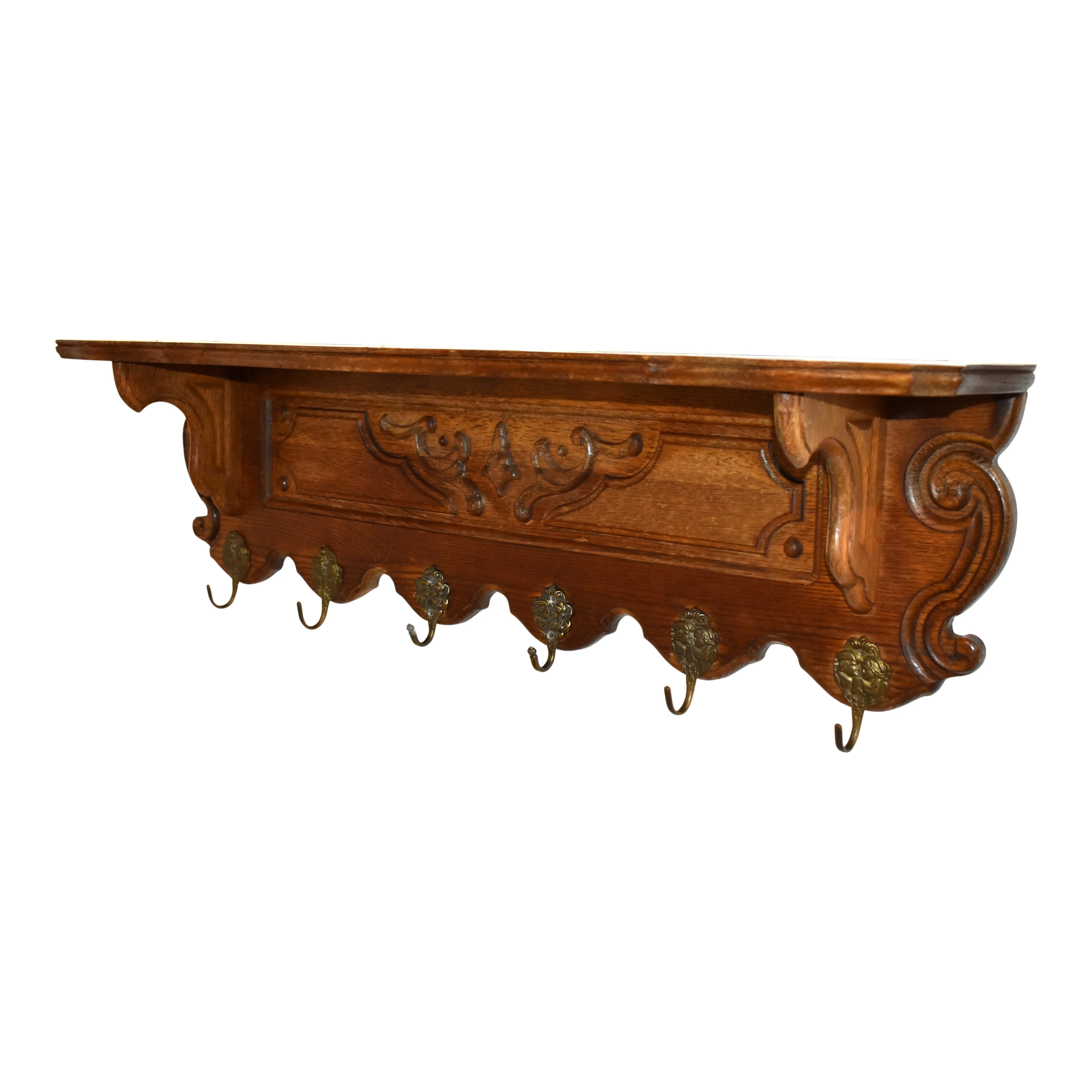 Carved Oak Wall Mounted Coat Rack with Shelf