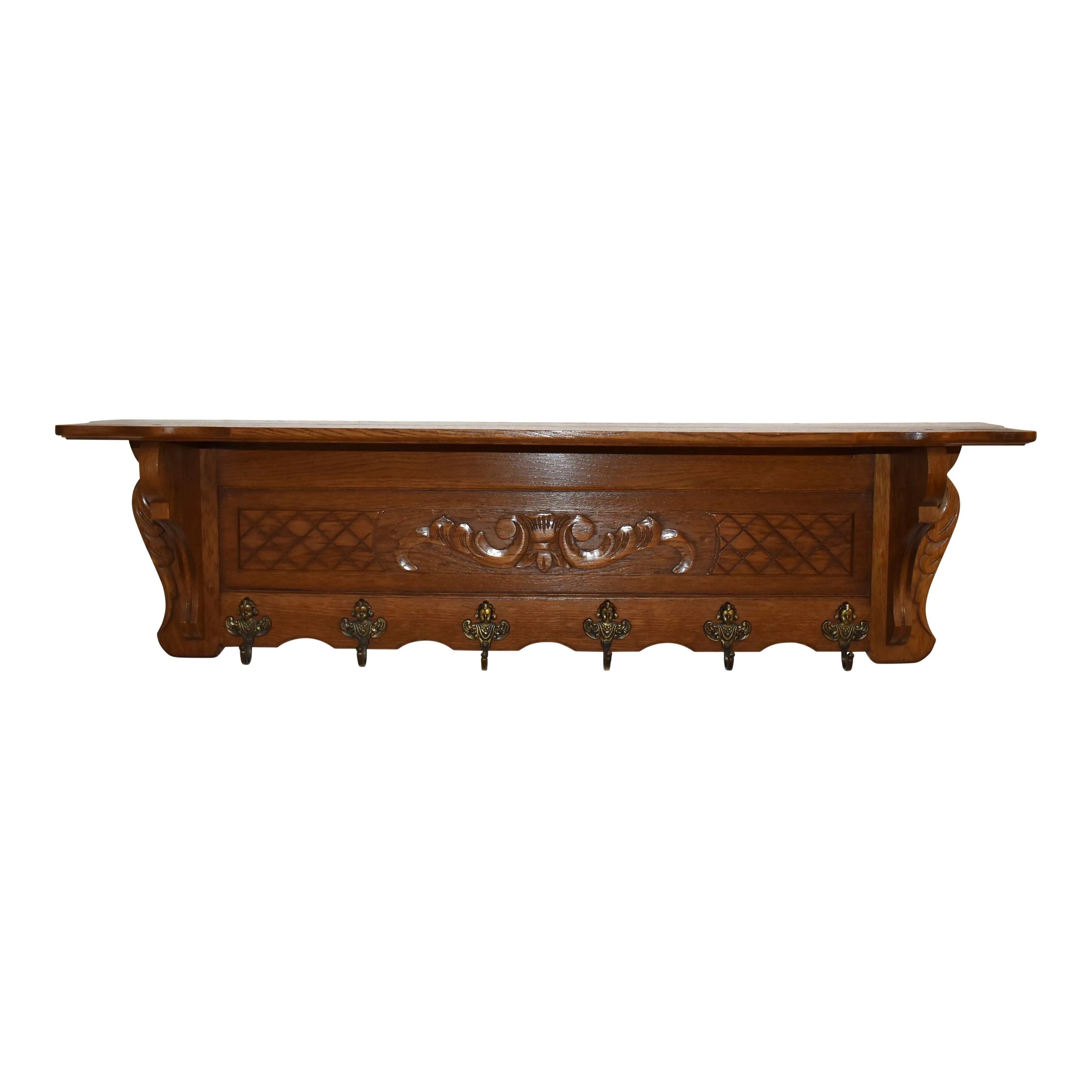 Carved Oak Wall Mounted Coat Rack with Shelf