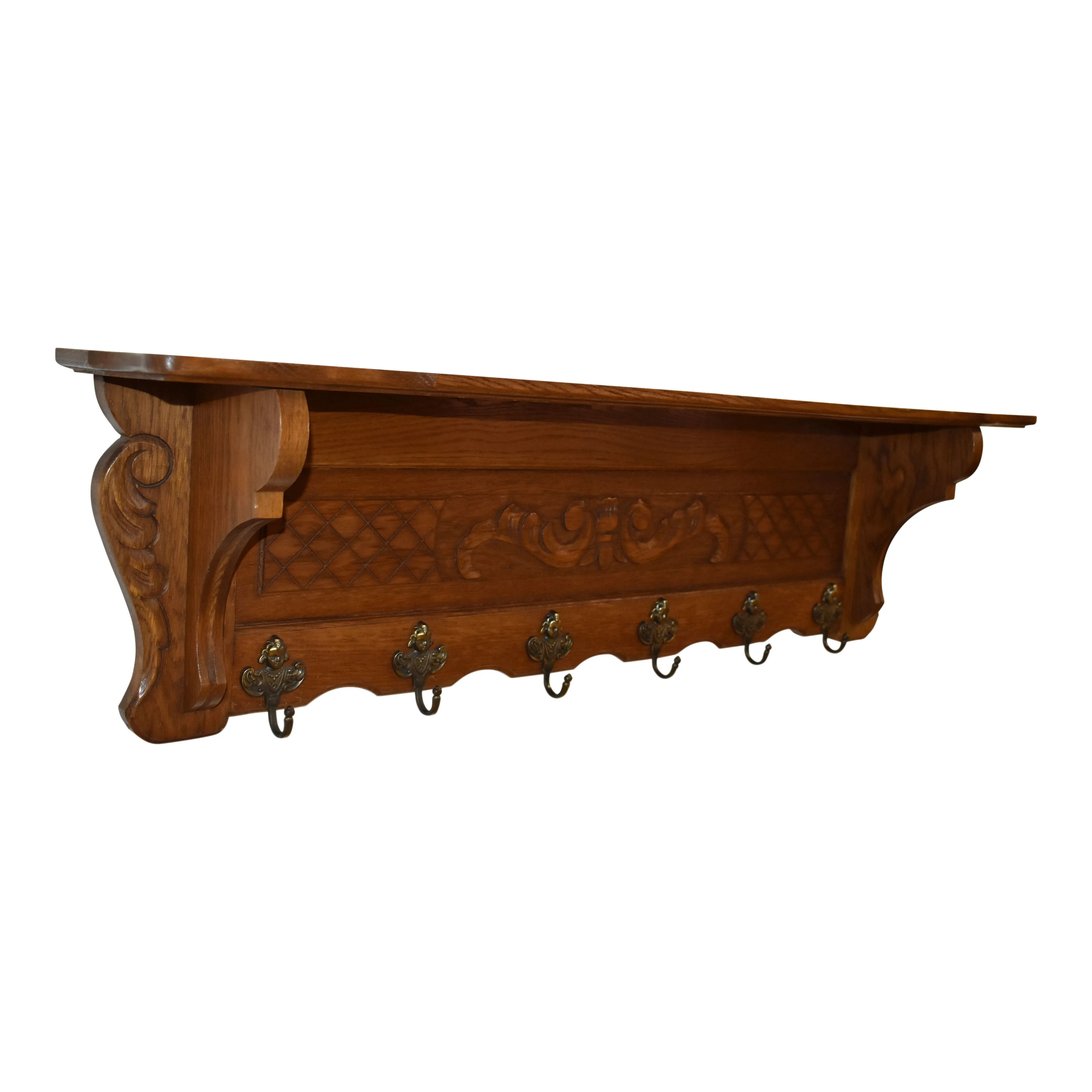 Carved Oak Wall Mounted Coat Rack with Shelf