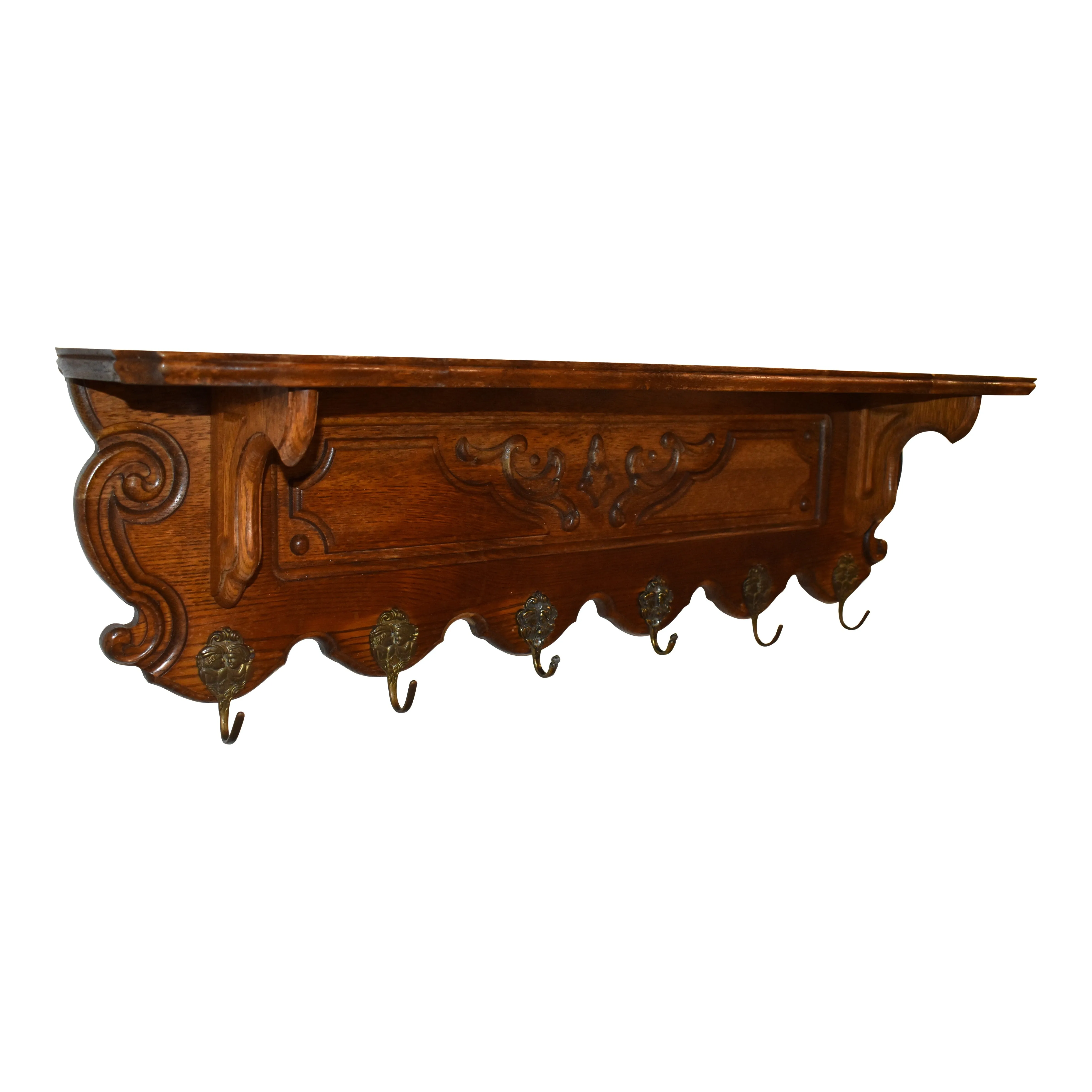 Carved Oak Wall Mounted Coat Rack with Shelf