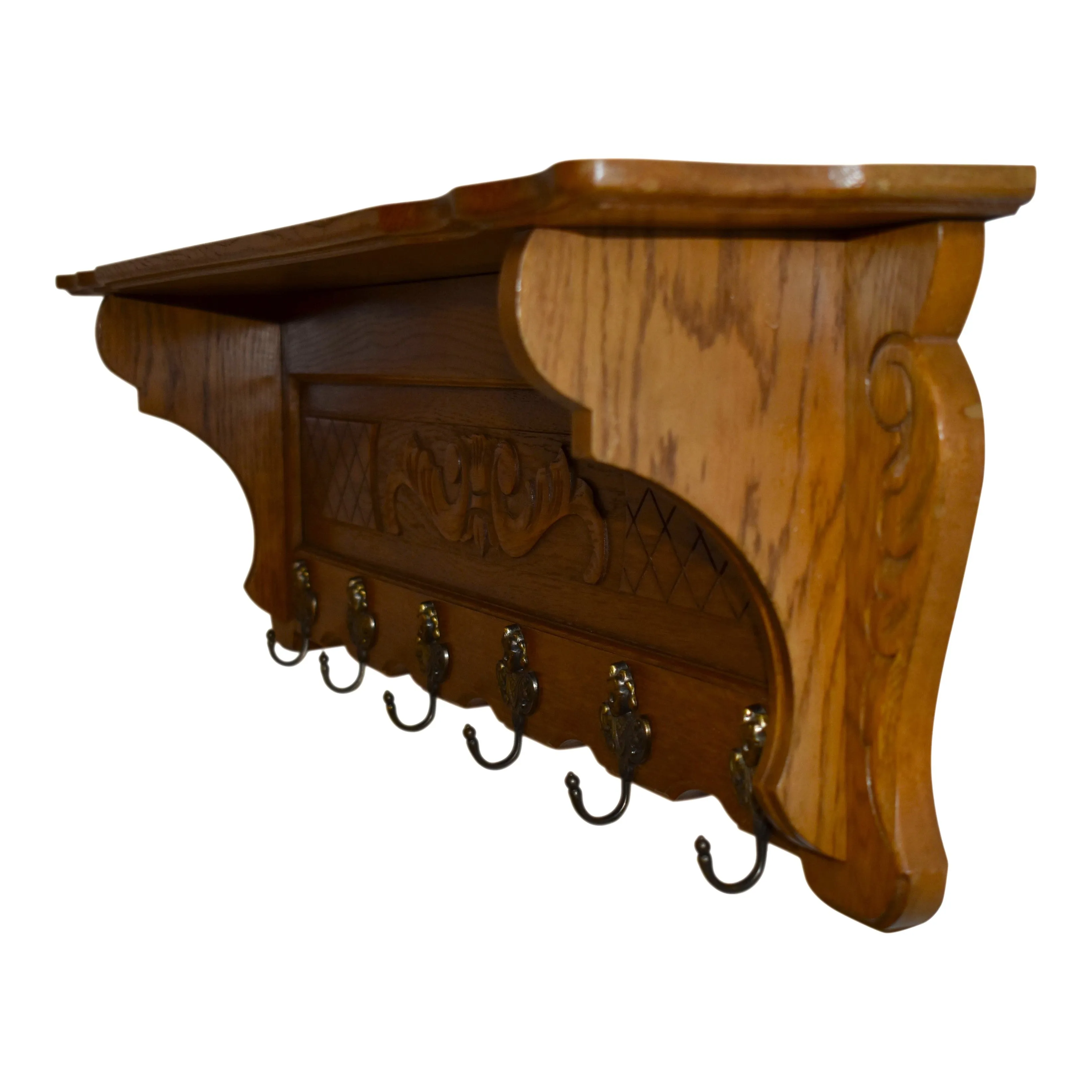 Carved Oak Wall Mounted Coat Rack with Shelf