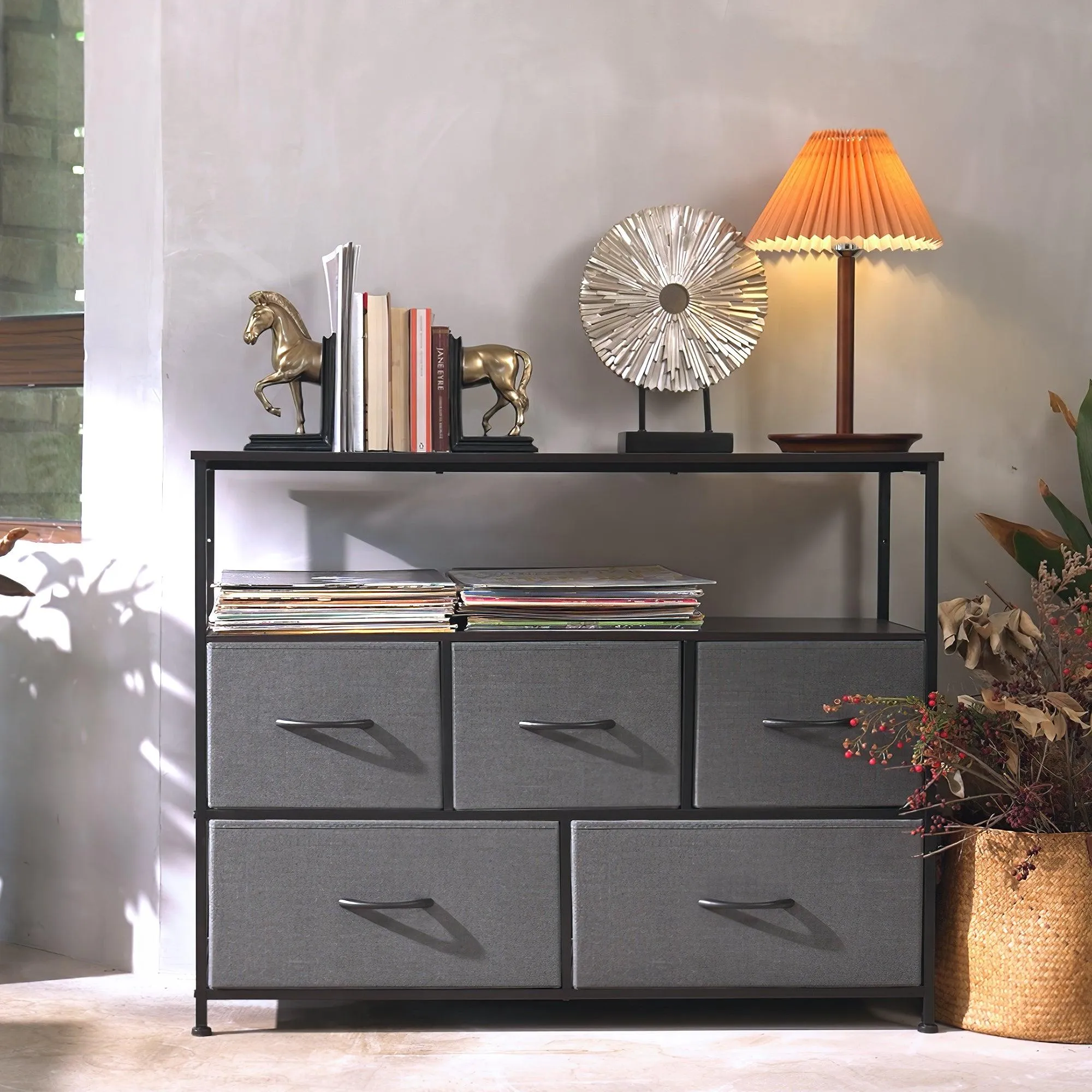 Dresser TV Stand, Entertainment Center with Fabric Drawers, Media Console Table with Open Shelves for TV up to 45 inch,Storage Drawer Unit for Bedroom, Living Room, Entryway