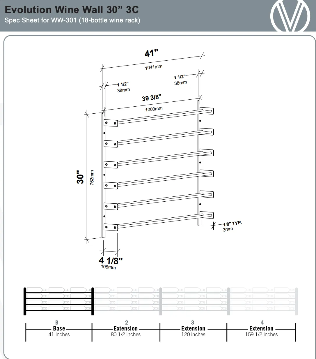 Evolution Wine Wall Mounted Wine Rack 30 3C (18 - 54 Bottle)