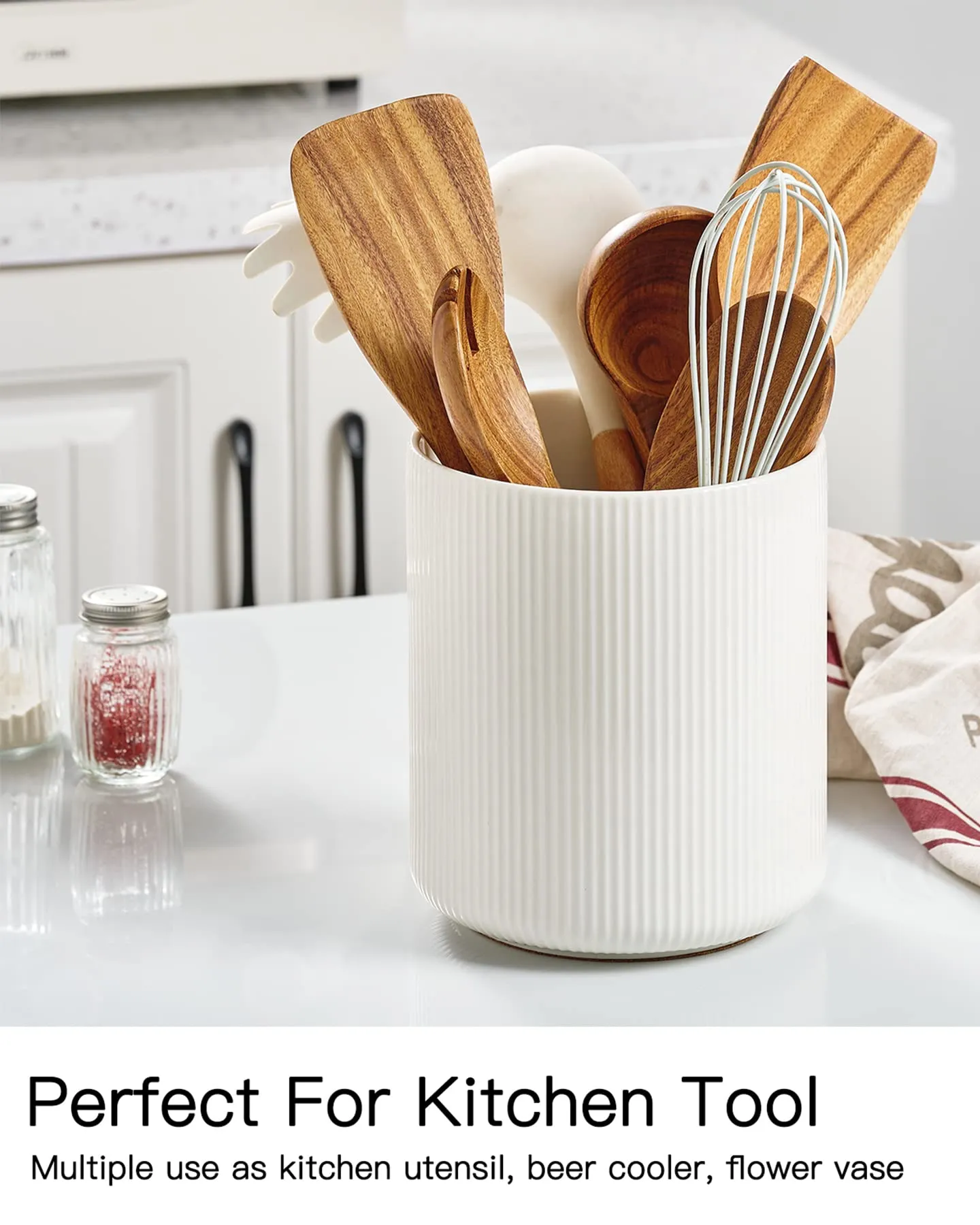 getstar Utensil Holder, Large Kitchen Utensil Holder for Kitchen Counter (H7.2” x W6.2”), Ceramic Cooking Utensil Holder with Cork Mat, Kitchen Decor for Counter (White, Utensils Not Included)