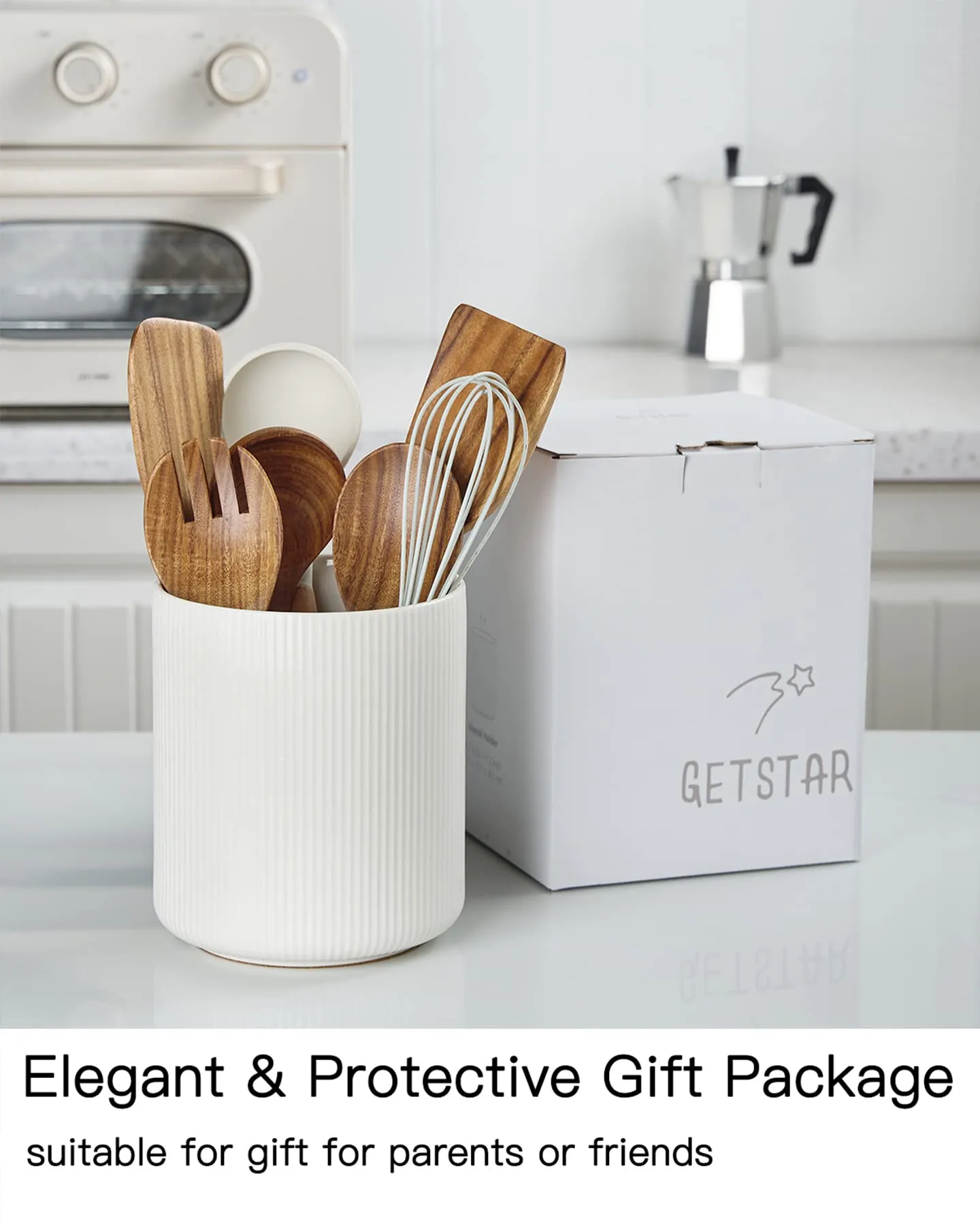 getstar Utensil Holder, Large Kitchen Utensil Holder for Kitchen Counter (H7.2” x W6.2”), Ceramic Cooking Utensil Holder with Cork Mat, Kitchen Decor for Counter (White, Utensils Not Included)