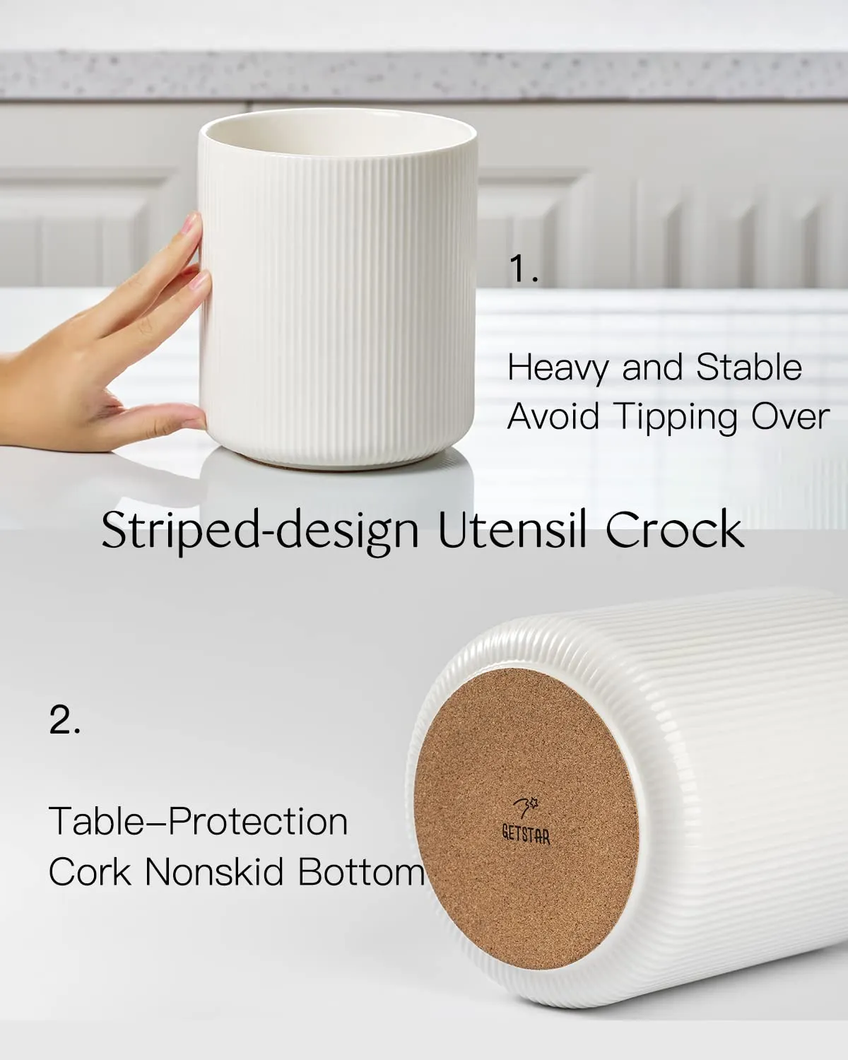 getstar Utensil Holder, Large Kitchen Utensil Holder for Kitchen Counter (H7.2” x W6.2”), Ceramic Cooking Utensil Holder with Cork Mat, Kitchen Decor for Counter (White, Utensils Not Included)