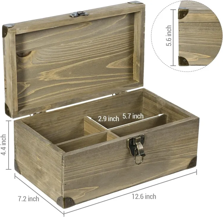 Gray Brown Wood Retro Audio Cassette Tape Storage Box with Brass Tone Metal Latch and Brackets, Holds up to 32 Tapes