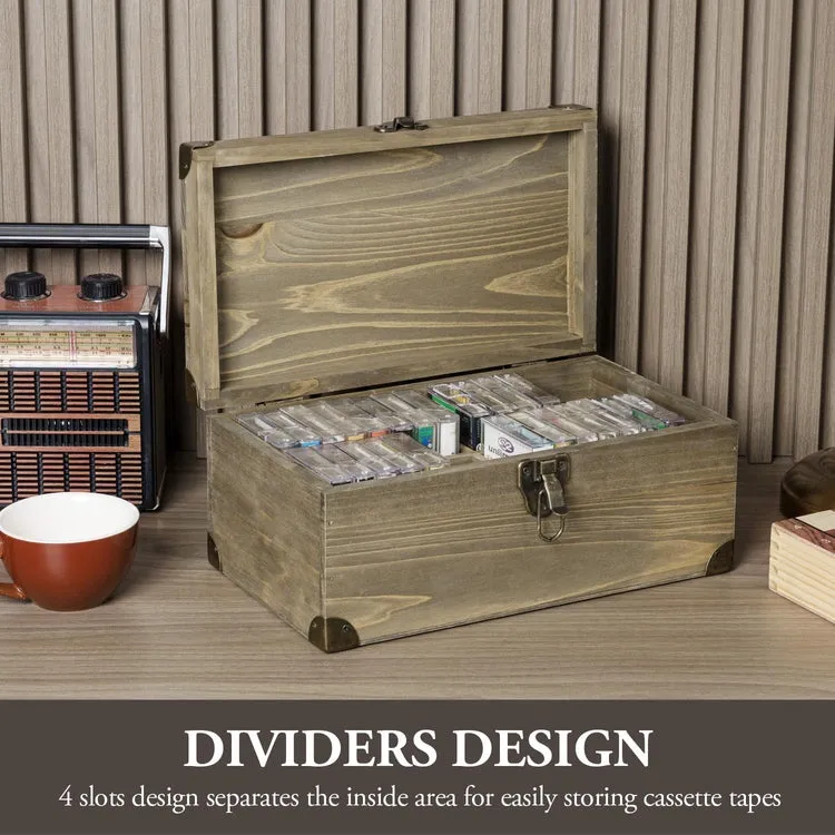 Gray Brown Wood Retro Audio Cassette Tape Storage Box with Brass Tone Metal Latch and Brackets, Holds up to 32 Tapes