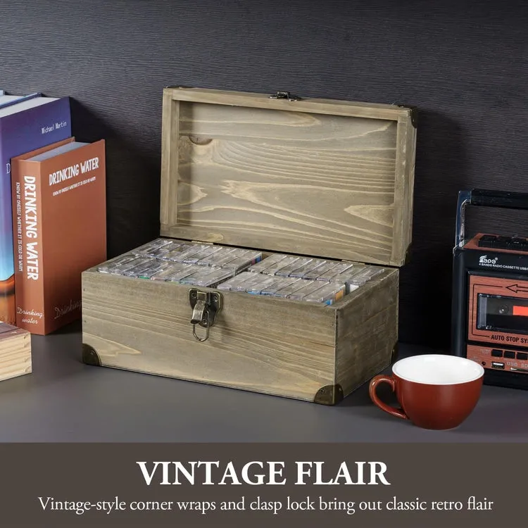 Gray Brown Wood Retro Audio Cassette Tape Storage Box with Brass Tone Metal Latch and Brackets, Holds up to 32 Tapes