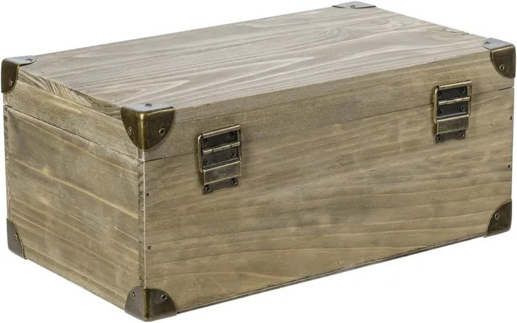 Gray Brown Wood Retro Audio Cassette Tape Storage Box with Brass Tone Metal Latch and Brackets, Holds up to 32 Tapes
