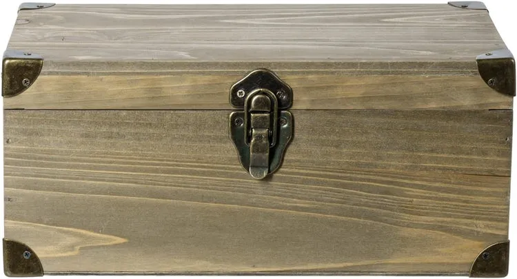 Gray Brown Wood Retro Audio Cassette Tape Storage Box with Brass Tone Metal Latch and Brackets, Holds up to 32 Tapes