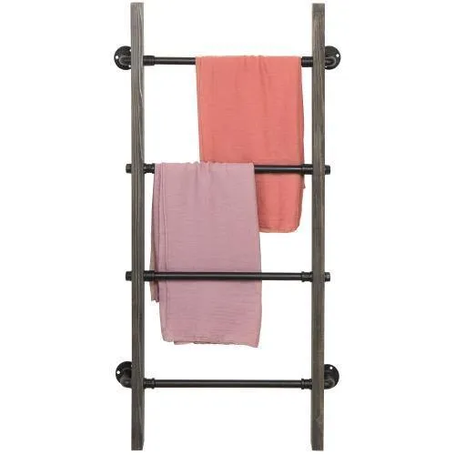 Gray Wood & Industrial Metal Pipe Wall Mounted Towel Ladder Rack
