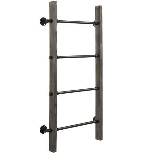 Gray Wood & Industrial Metal Pipe Wall Mounted Towel Ladder Rack