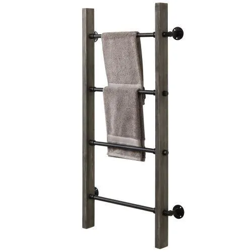 Gray Wood & Industrial Metal Pipe Wall Mounted Towel Ladder Rack