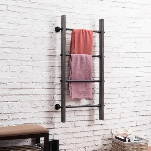 Gray Wood & Industrial Metal Pipe Wall Mounted Towel Ladder Rack