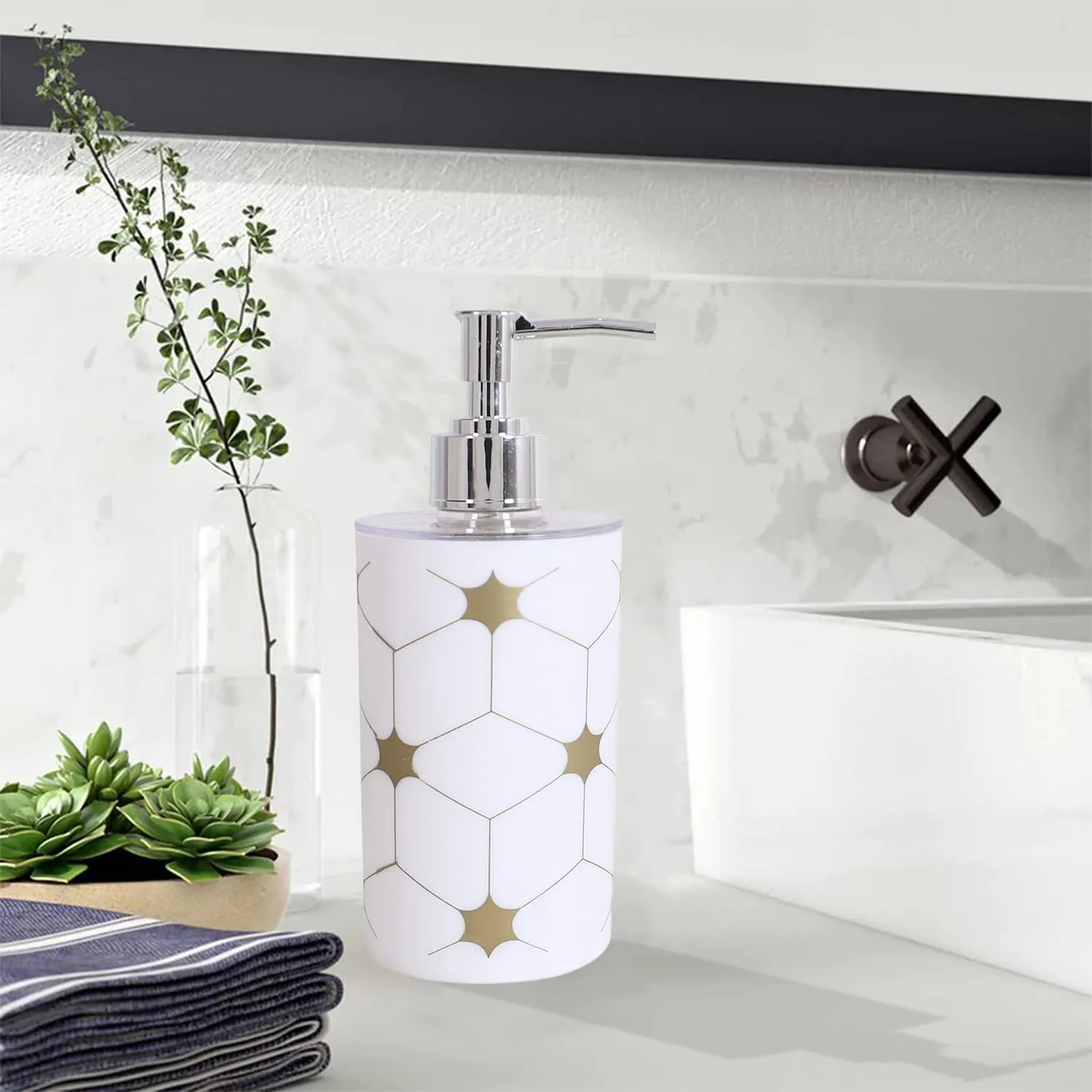 Heart Home Liquid Soap Dispenser|Star Print Plastic Empty Bathroom Sanitizer|Lotion|Shampoo Dispenser Bottle,300 ML,Pack of 2 (White)