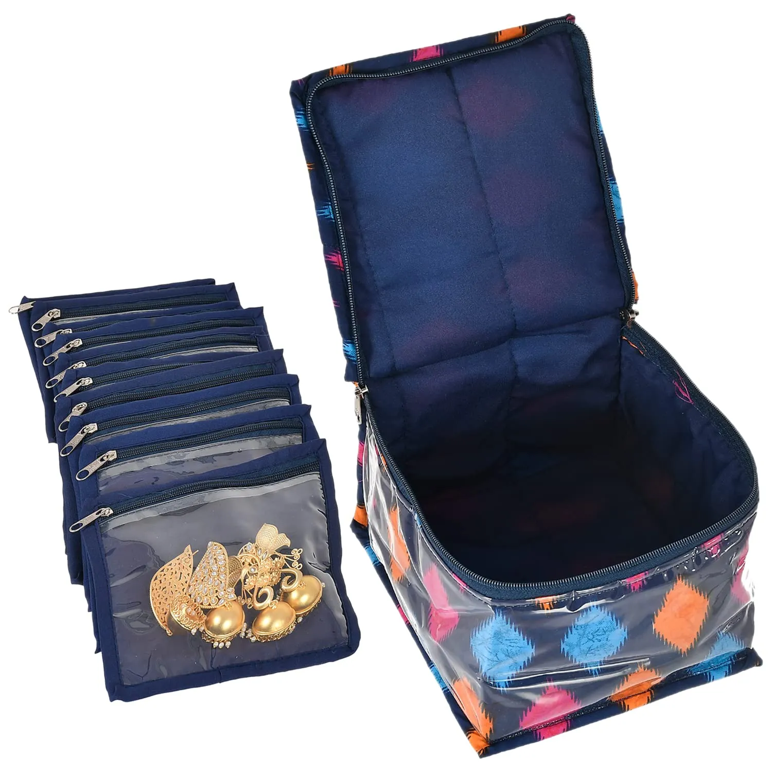 Heart Home Square Navajo Printed Laminated PVC Multipurpose Jewellery Organizer With 10 Transparent Pouches (Blue)-50HH01198