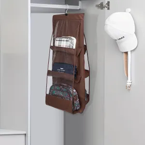 Kuber Industries Hanging Organizer | Handbag Organizer | Hanging Purse for Wardrobe | Transparent Clutch Organizer | Handbag Storage for Closet | 6 Pocket Storage Hanger | Brown