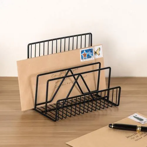 Modern Black Metal Wire Mail Sorter, Geometric Design