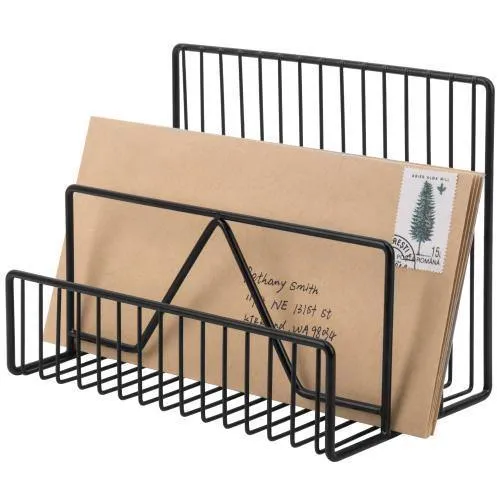 Modern Black Metal Wire Mail Sorter, Geometric Design
