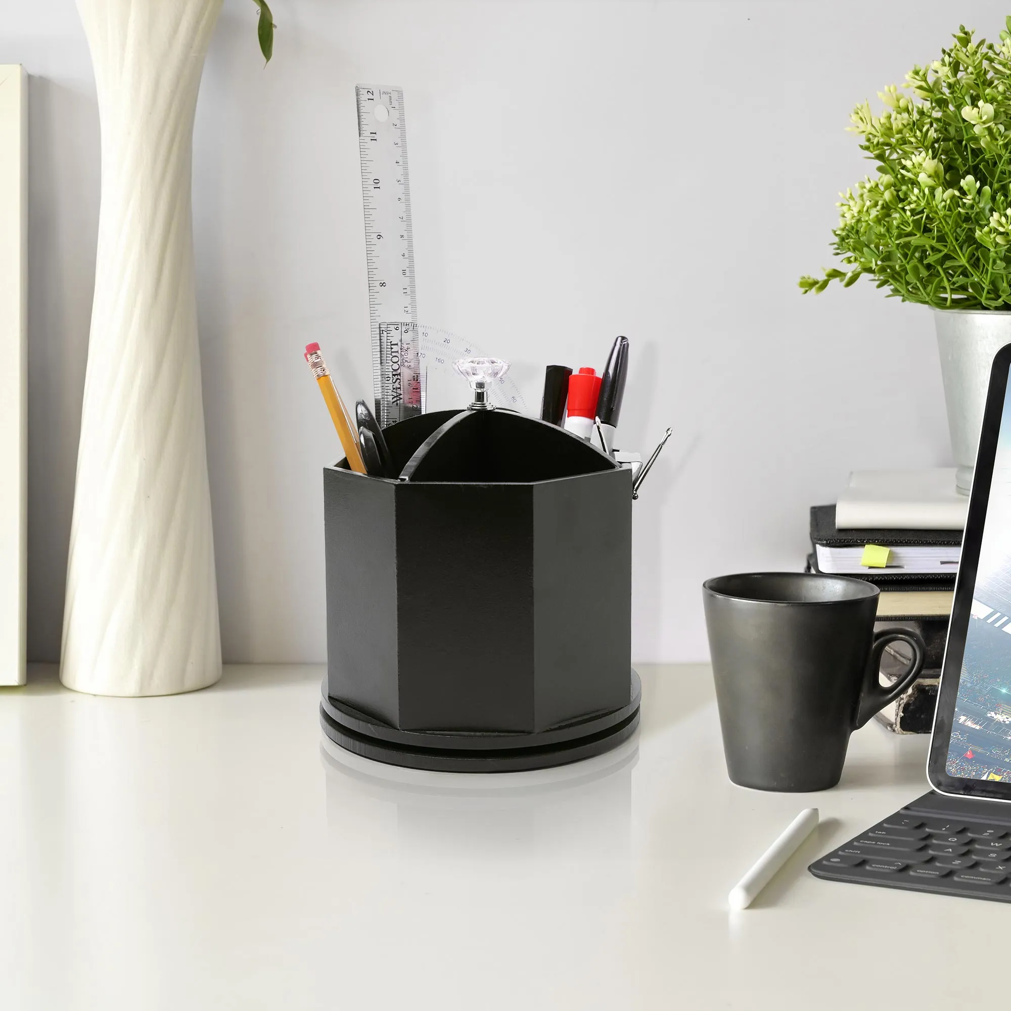 Rotating Desktop Wood Pen & Pencil Holder - Black