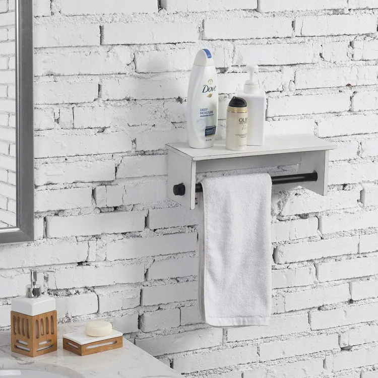Rustic Whitewashed Wood and Metal Pipe Towel Hanging Rack with Top Shelf