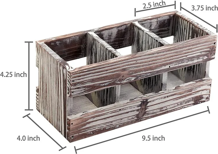 Torched Wood Desktop Office Supplies with 3-Compartments, Caddy Desk Organizer Storage Holder