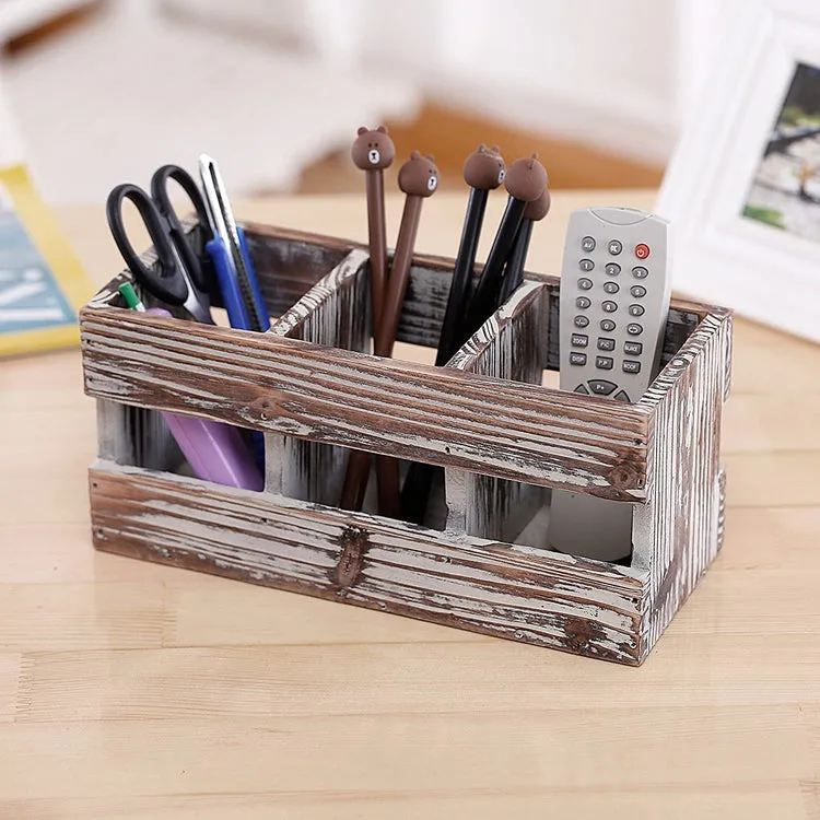 Torched Wood Desktop Office Supplies with 3-Compartments, Caddy Desk Organizer Storage Holder