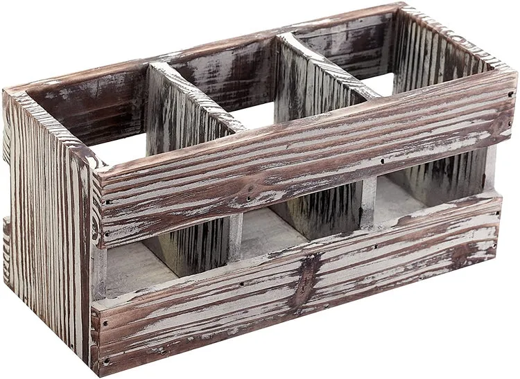 Torched Wood Desktop Office Supplies with 3-Compartments, Caddy Desk Organizer Storage Holder