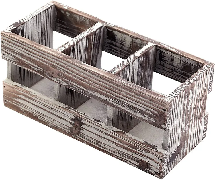 Torched Wood Desktop Office Supplies with 3-Compartments, Caddy Desk Organizer Storage Holder