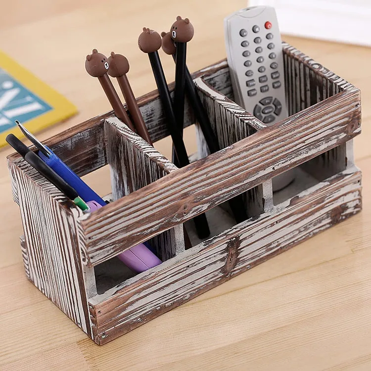 Torched Wood Desktop Office Supplies with 3-Compartments, Caddy Desk Organizer Storage Holder