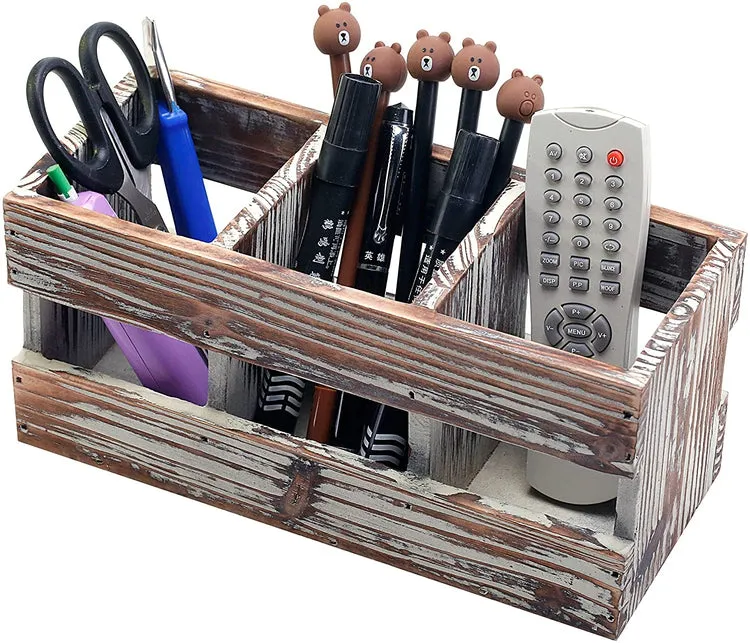 Torched Wood Desktop Office Supplies with 3-Compartments, Caddy Desk Organizer Storage Holder