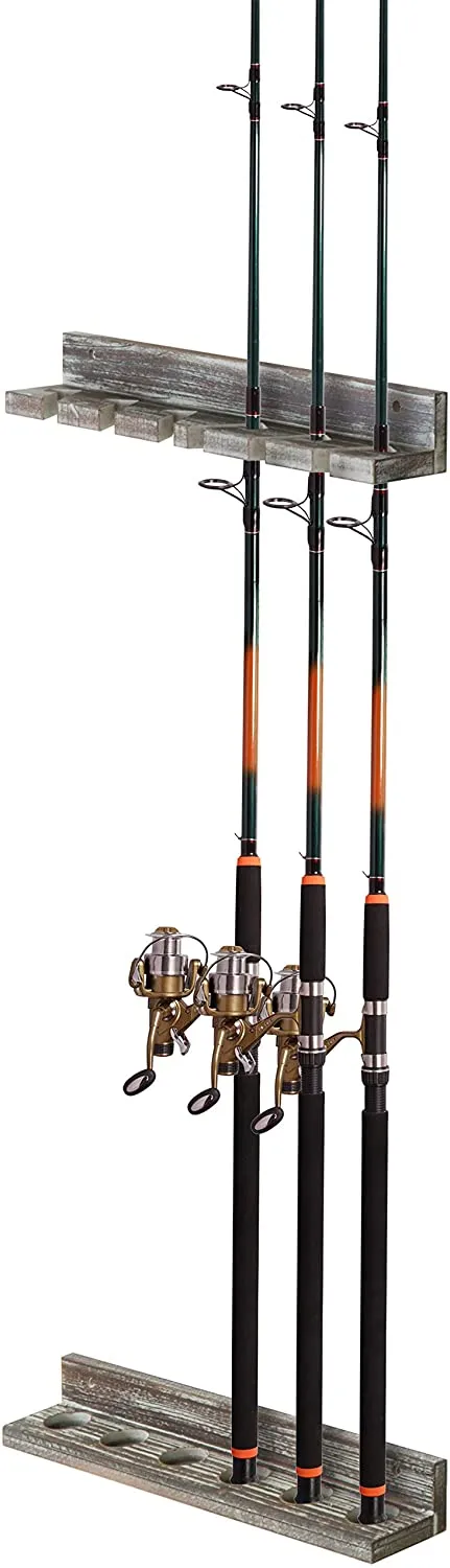 Torched Wood Vertical Fishing Pole Wall Storage Rack