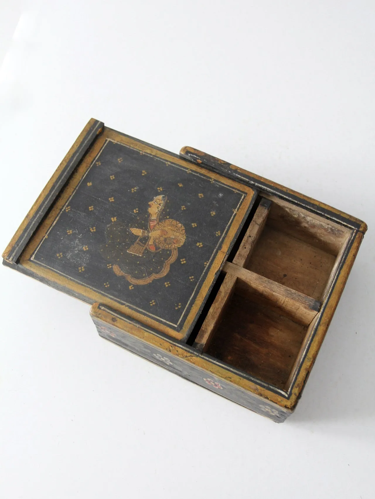 vintage painted wooden slide top box