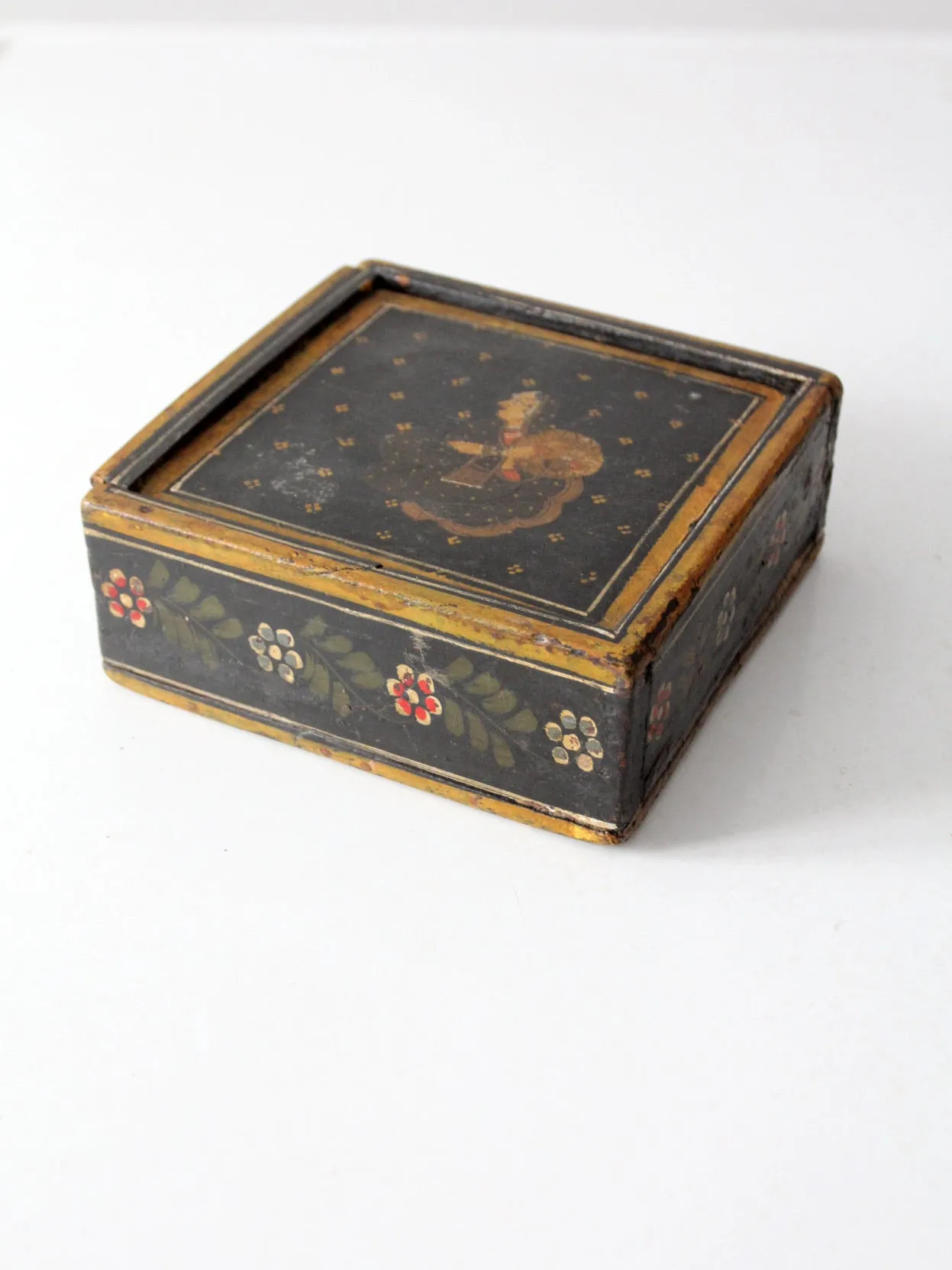 vintage painted wooden slide top box