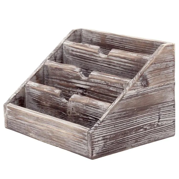 Vintage Torched Wood Office Desk Stationery Organizer