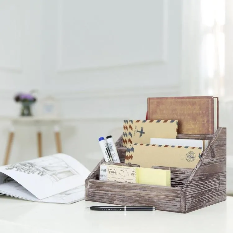 Vintage Torched Wood Office Desk Stationery Organizer