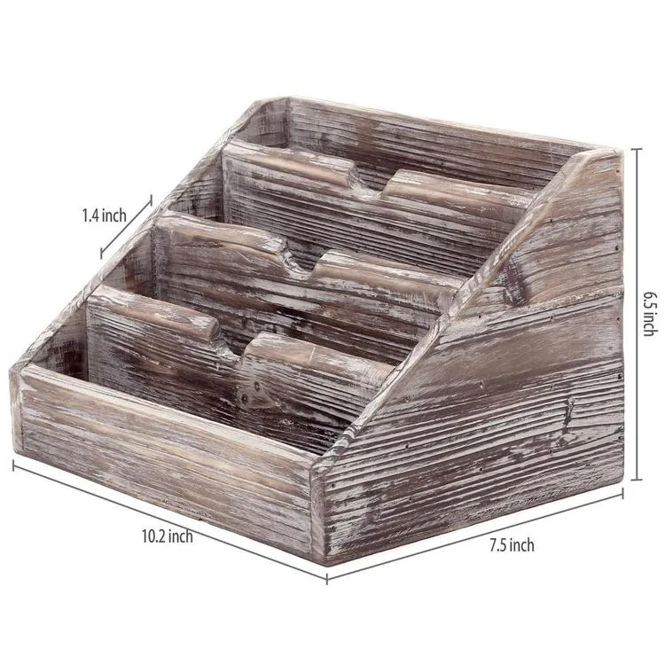 Vintage Torched Wood Office Desk Stationery Organizer