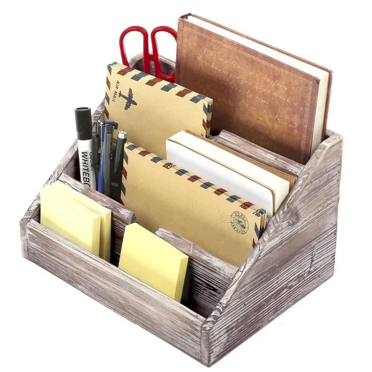 Vintage Torched Wood Office Desk Stationery Organizer