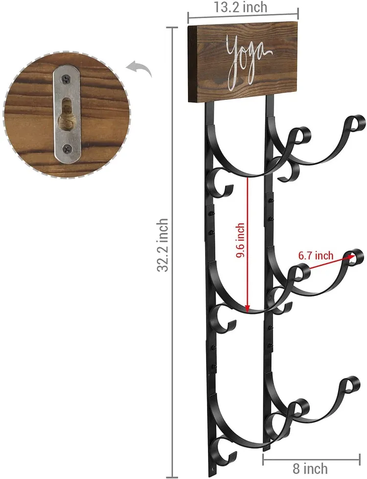 Wall Mounted Black Metal 3-Tier Yoga Mat Rack, Exercise Mat, Foam Roller Holder with Burnt Wood "yoga" Sign