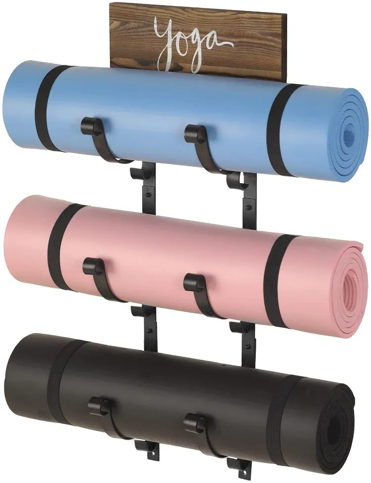 Wall Mounted Black Metal 3-Tier Yoga Mat Rack, Exercise Mat, Foam Roller Holder with Burnt Wood "yoga" Sign