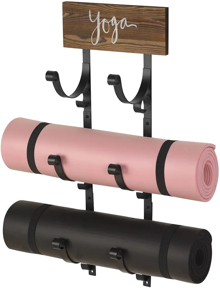 Wall Mounted Black Metal 3-Tier Yoga Mat Rack, Exercise Mat, Foam Roller Holder with Burnt Wood "yoga" Sign